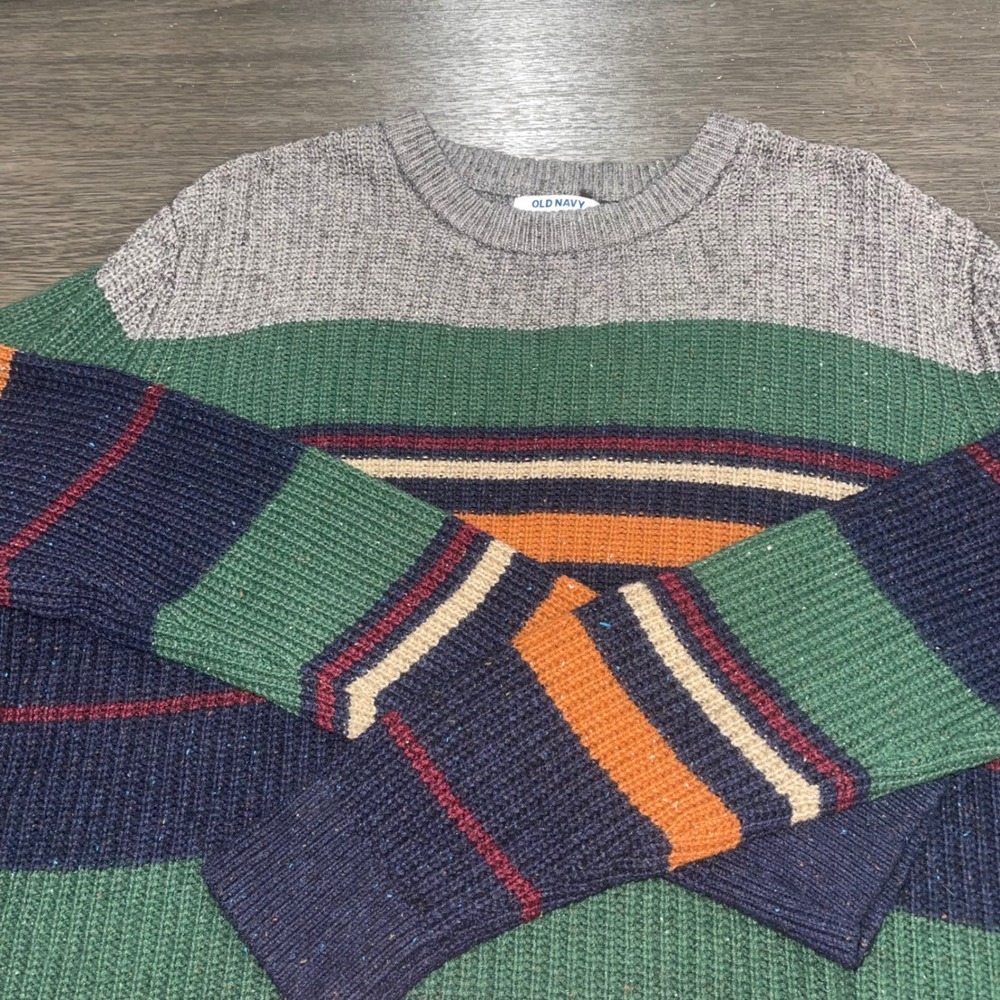 Old Navy Mens M Multi-Color Striped Crewneck Wool Blend Speckled Knit Sweater